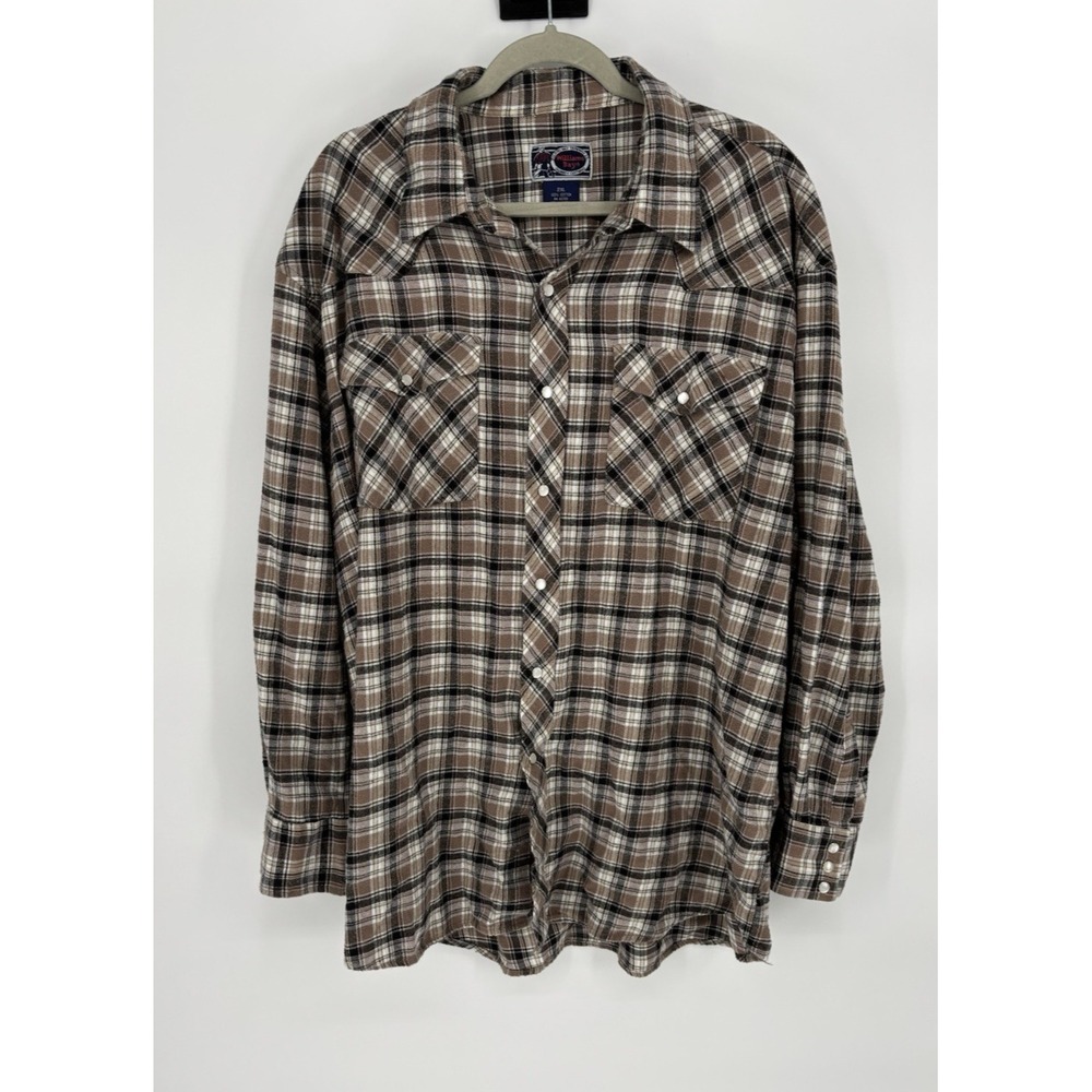 Williams Bay Flannel Pearl Snap Long Sleeve Brown Plaid Cotton‎ Shirt XXL